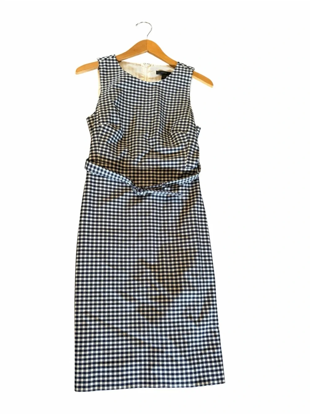 J. Crew Blue & White Gingham Matching Belt Sleeveless Classic Sheath Midi Dress